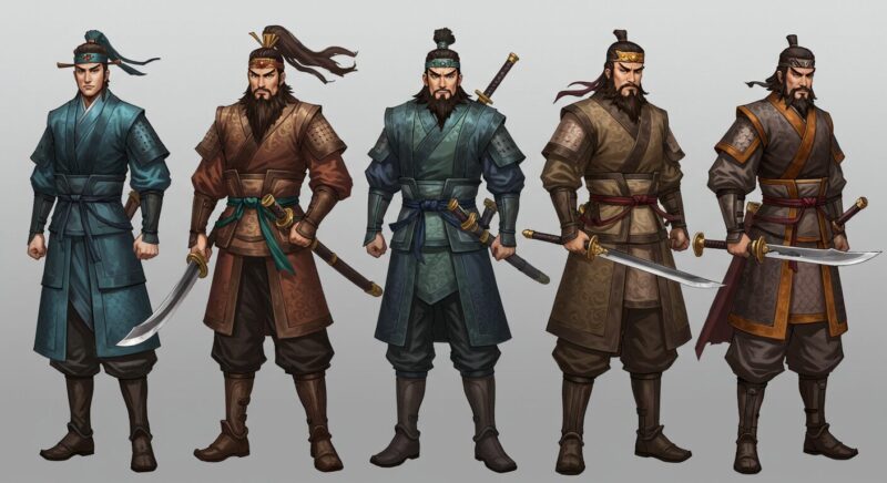 三国志風の戦士たちが並んで立っているイラスト。各キャラクターは異なる色や装飾の伝統的な武具を身に着け、剣や刀を携えている。中央の人物は威厳のある表情で、他の武将たちとともに戦の準備をしている様子。