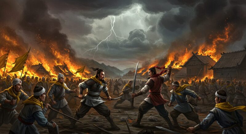炎に包まれた村を背景に、戦場で刀を構えて対峙する二人の武将。周囲には黄色い布を身につけた兵士たちが多数押し寄せ、激しい戦闘と混乱が描かれている。雷鳴轟く空が緊迫感をさらに高める三国志風の合戦シーン。