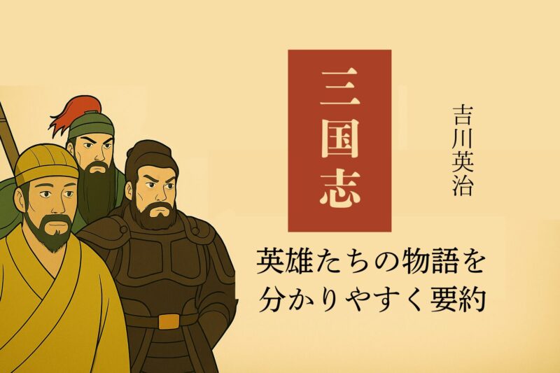 吉川英治『三国志』のあらすじ解説バナー。劉備・関羽・張飛のイラストとタイトル文字が配置された16:9画像。
