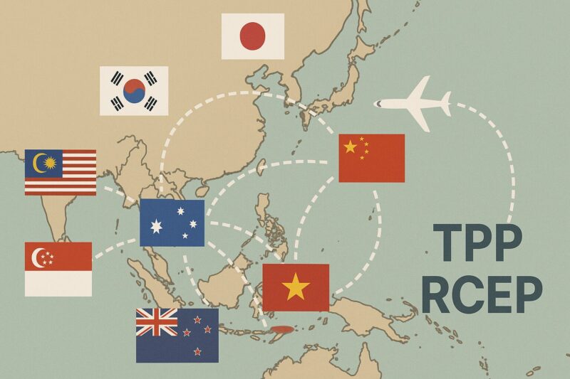 TPPやRCEPなどの旗と、各国間の貿易ルートが交差する地域統合を象徴する図