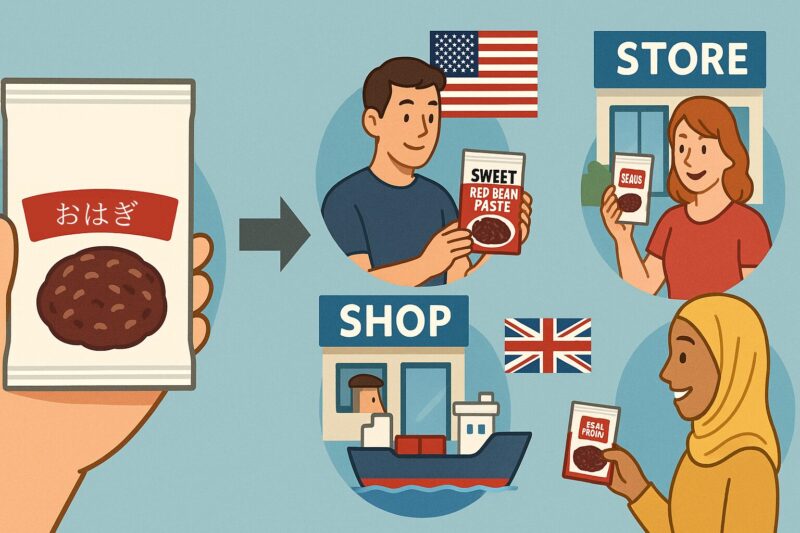 日本製品が各国の文化や消費者に合わせてパッケージや販売方法を変える国際マーケティングのイメージ
