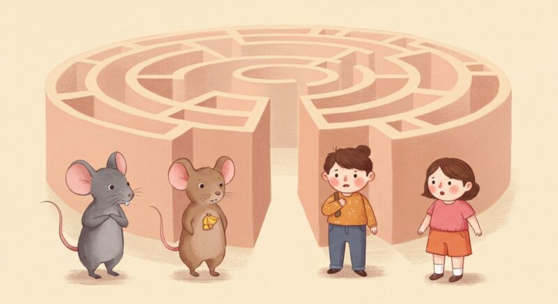 迷路の前に立つ2匹のネズミと2人の小人のイラスト。ネズミは元気に前を見つめ、小人たちは困惑した表情で変化への反応を象徴している