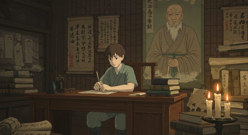 Ghibli-style scene of a young writer at a desk surrounded by scrolls and ancient books, with a portrait of a Chinese sage in the background.
