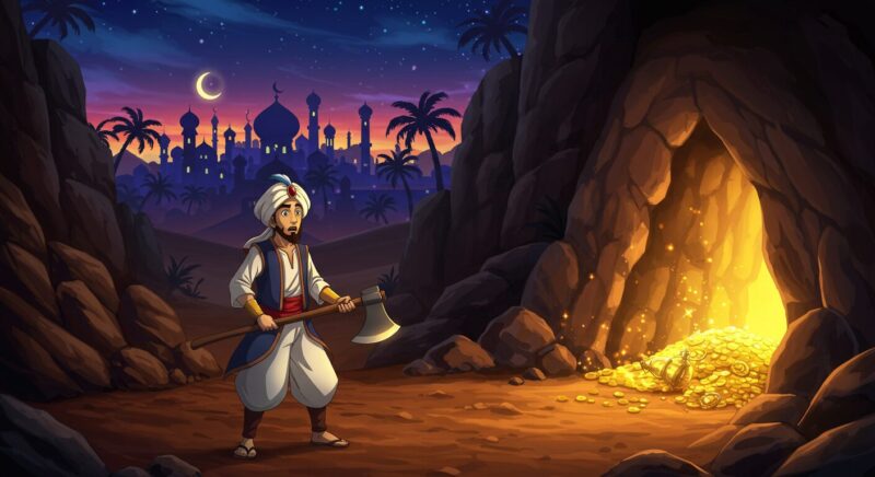 Anime-style illustration of Ali Baba standing surprised in front of a glowing cave in the desert at twilight, with an Arabian city, palm trees, and camels in the background under a starry sky.