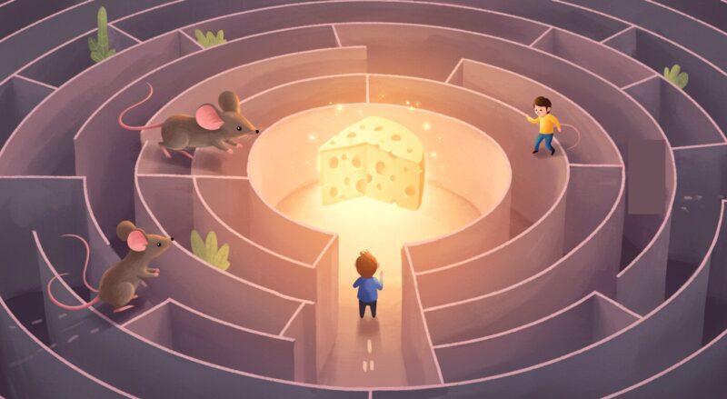 迷路の中でチーズを探す2匹のネズミと2人の小人のイラスト。変化に向き合う様子を描いた、勇気と行動を象徴するシーン。