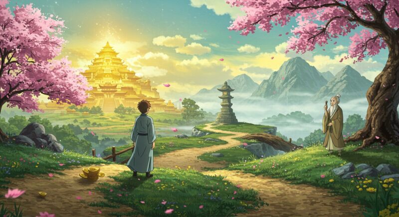 Ghibli-style illustration of a young man in traditional Chinese robes standing at a crossroads between a glowing golden city and misty mountains, with cherry blossoms in the air and a sage watching from afar.
