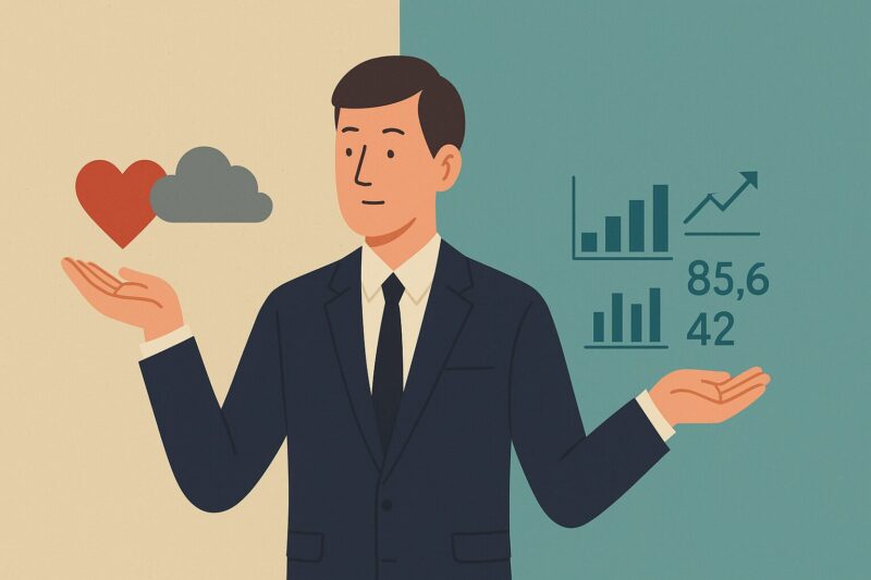 感情のアイコンと数値データの間で選択を迫られるビジネスマンを描いた、論理と感情の対比が特徴のイラスト