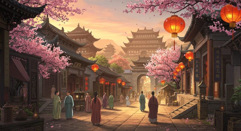 Ghibli-style illustration of Tang Dynasty Luoyang with traditional buildings, red lanterns, and people walking in a warm sunset scene.
