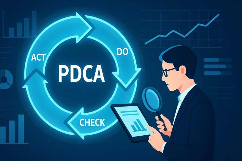  PDCAサイクルを輪のように描き、周囲にグラフや進捗アイコンを配置したビジネス成長を象徴するイラスト