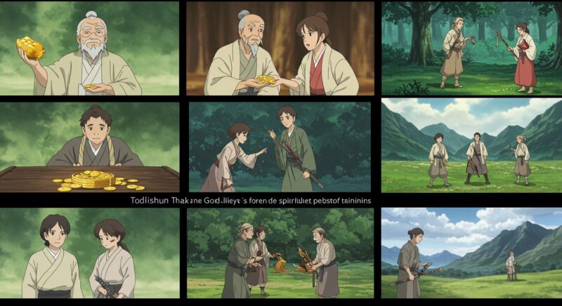 Ghibli-style montage of key scenes from Toshishun’s story: receiving gold, living in luxury, falling into poverty, and starting spiritual training.