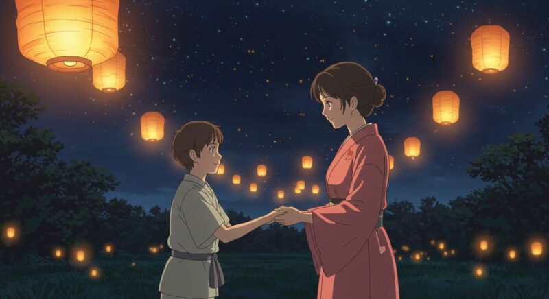 Ghibli-style symbolic image of Toshishun holding his mother’s hand in a lantern-lit dreamlike setting, symbolizing human compassion and true happiness.