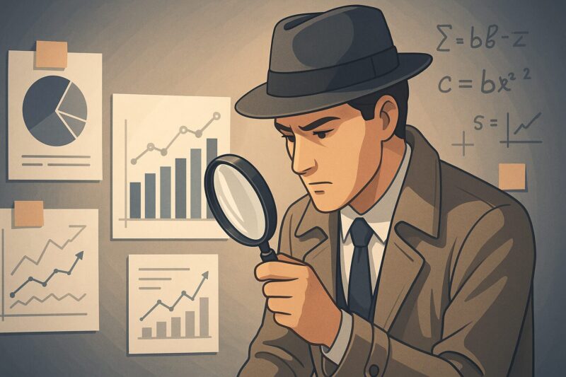 探偵のように分析するビジネスマンがグラフや付箋に囲まれて、原因を特定しようとする思索的イラスト