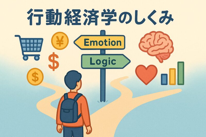 感情と論理の分かれ道に立つ人物と、行動経済学を象徴するアイコンが並ぶイラスト（『行動経済学のしくみ』