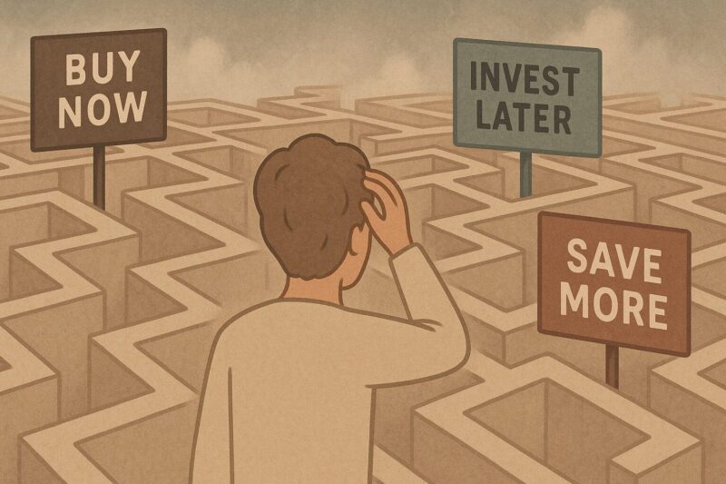 “Buy Now”や“Save More”などの看板が立つ迷路の中で、選択に迷う人物のイラスト。現代社会の情報過多を象徴