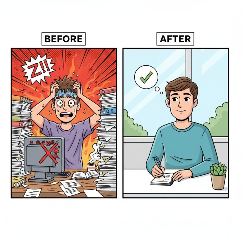 Comic-style split screen: "BEFORE" shows a stressed man with messy hair at a cluttered desk full of papers, red background. "AFTER" shows the same man calm with neat hair at a clean desk with a notepad, green checkmark thought bubble, plant and window in background, light blue setting.
