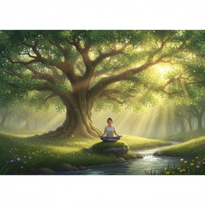 A peaceful scene of a person meditating under a large tree, with sunlight filtering through the leaves:
