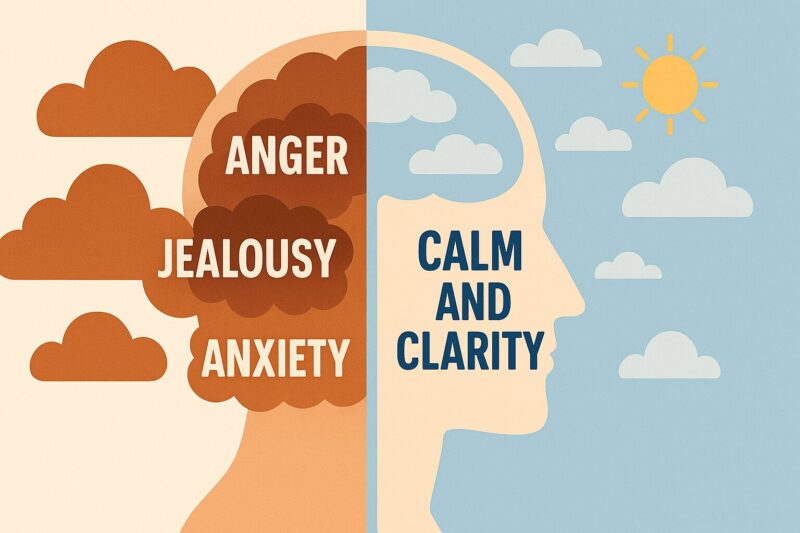 人間の横顔のシルエットが左右に分かれ、左側には「ANGER（怒り）」「JEALOUSY（嫉妬）」「ANXIETY（不安）」と書かれた濃いオレンジの雲が広がり、右側には青空に「CALM AND CLARITY（平穏と明晰）」の文字が浮かぶ。感情のコントラストを教育的に表現したインフォグラフィックスタイルのイラスト