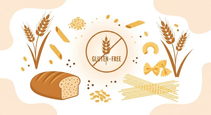 「小麦、パン、パスタなどの穀物とグルテンフリーのシンボルを描いた、健康をテーマにしたシンプルで分かりやすいイラスト」