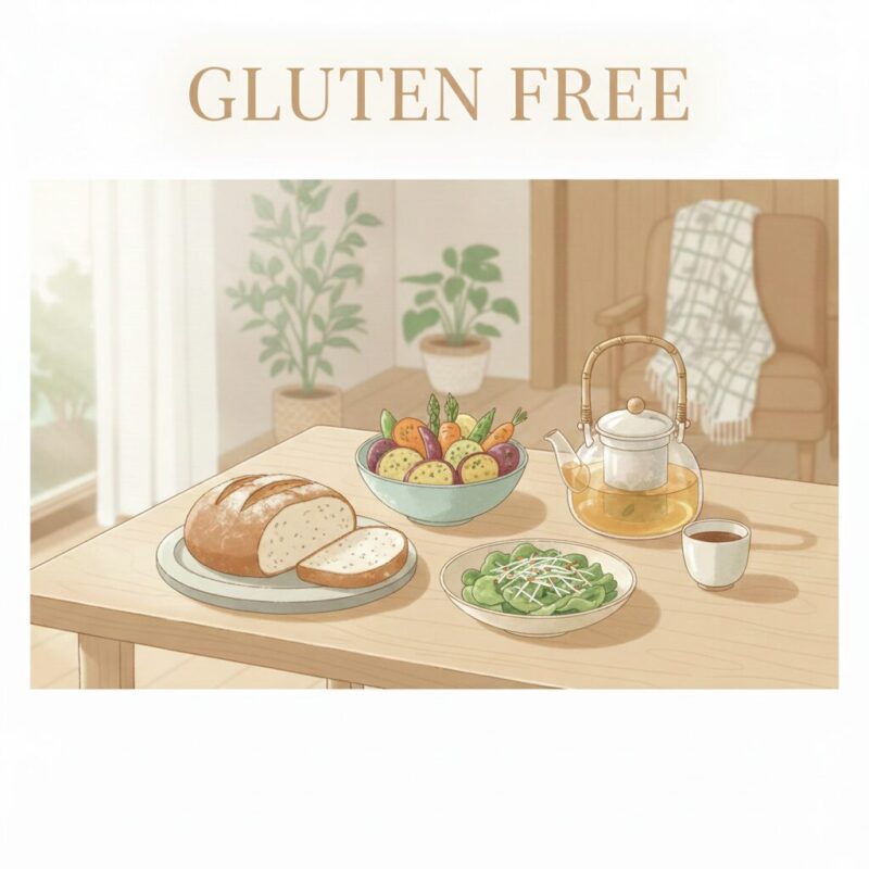 A serene gluten-free dining scene featuring rice flour bread, vegetables, and herbal tea.