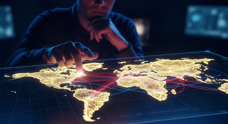 "戦略家が光るデジタル世界地図を分析しているシネマティックなイラスト。貿易ルート、同盟、地政学的ホットスポットが表示された高精細な分析シーン"