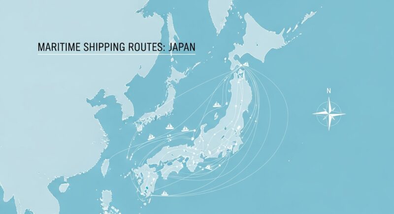 "海上輸送ルートが強調された日本のエレガントな地図。海洋貿易への依存を象徴する淡いブルー基調のミニマルでプロフェッショナルなインフォグラフィック"