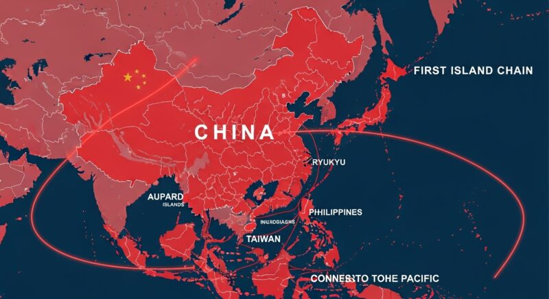 "第一列島線が強調された中国の戦略地図。南シナ海と太平洋への進出を示す赤とネイビーの軍事・地政学デザインのインフォグラフィック"