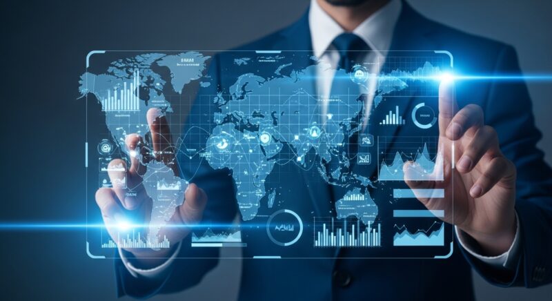 "地政学的ホットスポットや指標が表示された透明なデジタル世界地図を分析するアナリストの未来的なシーン。青と白の発光UIを用いたハイテクで高精細なビジュアル"