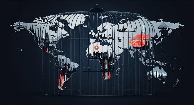 "檻の形をした世界地図の中に国家や指導者のシルエットが描かれた概念イラスト。地政学的制約を象徴する高コントラストのモダンアートスタイル"