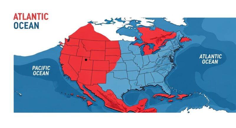 "アメリカ合衆国のインフォグラフィック地図。大西洋と太平洋が強調され、防衛の強さと長距離パワープロジェクションの課題を示す赤と青のモダンな地政学ビジュアル"