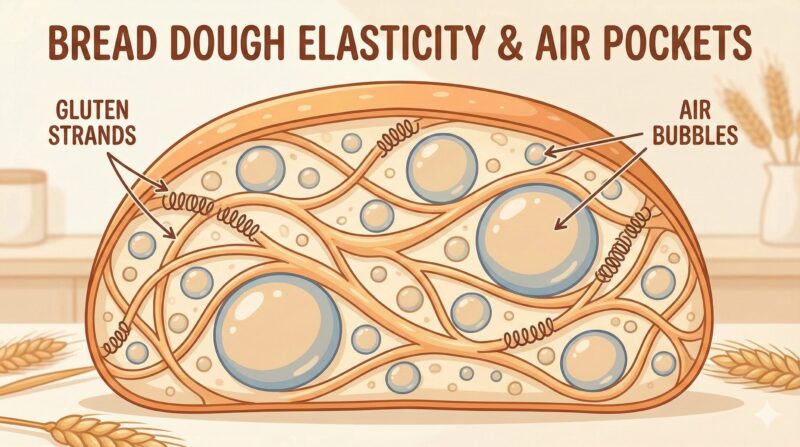 「パン生地の中でグルテンが気泡を支え、弾力を生み出す様子を描いたイラスト」