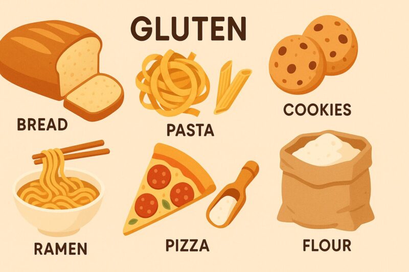 「パン、パスタ、クッキー、ピザ、ラーメンなどグルテンを含む食品を一覧で示した図」