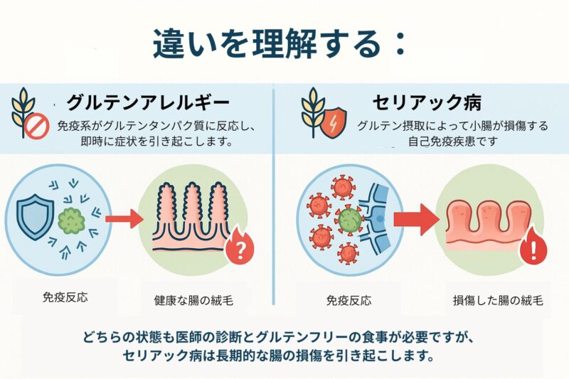 「グルテンアレルギーやセリアック病による免疫反応と腸粘膜の損傷を示す医療インフォグラフィック」