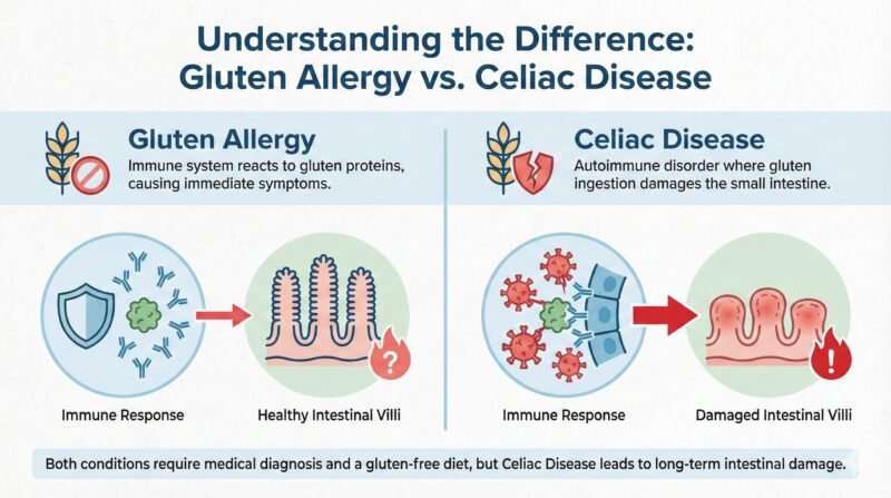 “Medical infographic illustrating immune reactions and intestinal mucosal damage caused by gluten allergy and celiac disease.”