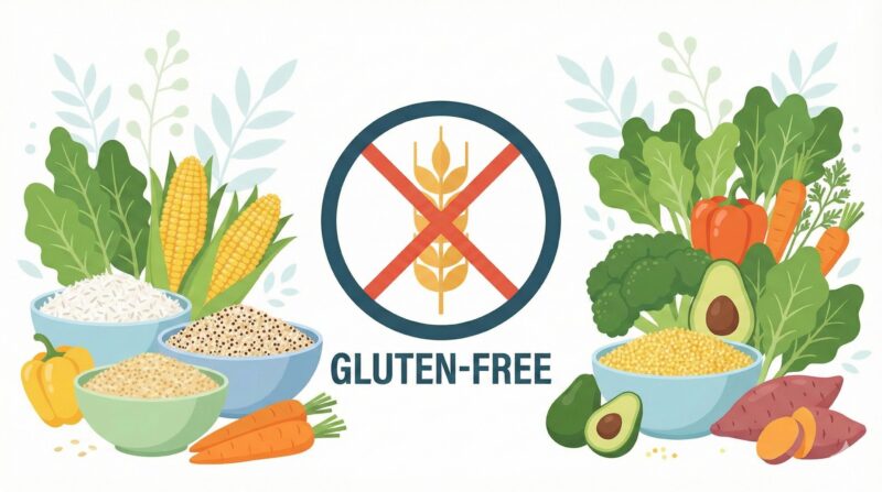 「グルテンフリーのシンボルと、米やとうもろこしなどのグルテンフリー食品を配置したイラスト」