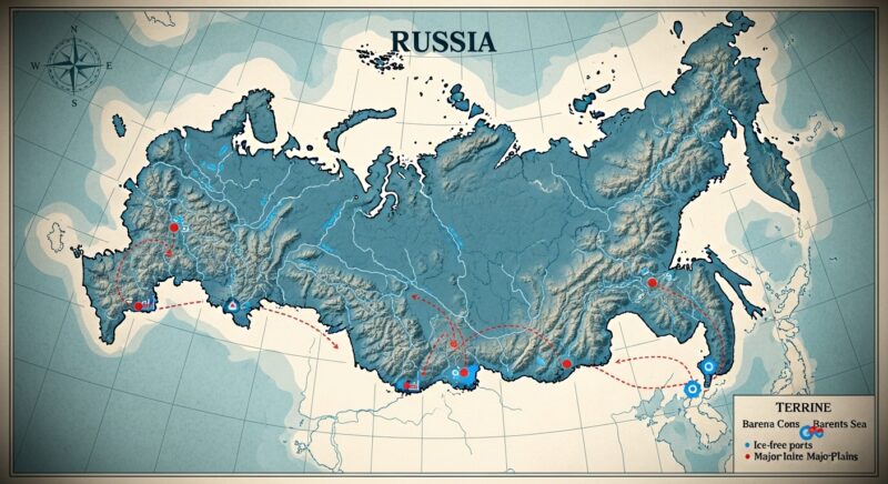"広大な平原と限られた不凍港が示されたロシアの地図。地政学的な制約を表す冷色系の配色と質感ある地形が特徴の高精細インフォグラフィック"