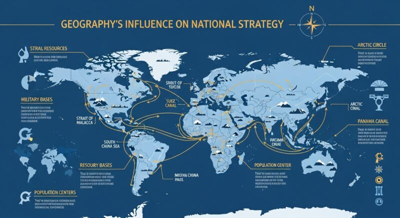 "地理が国家戦略に与える影響を示す教育的インフォグラフィック。大陸間の矢印、海上ルート、国境線、主要地域を描いたミニマルなブルーとゴールドの地図図解"
