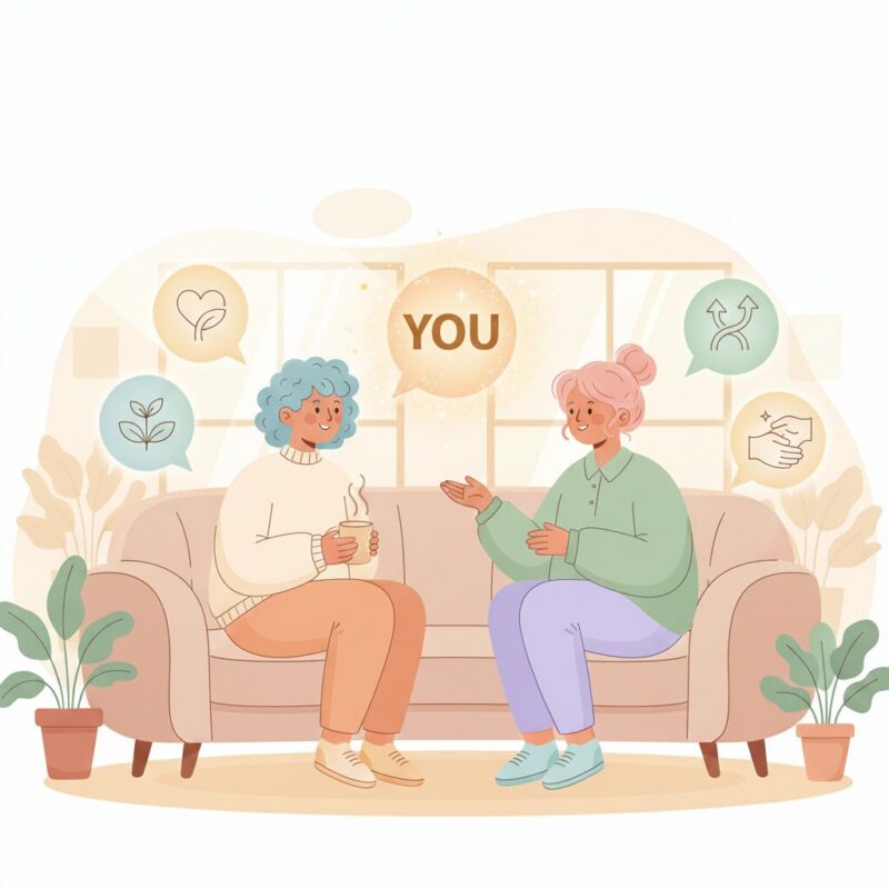 「あなた」を強調した言葉で会話するポジティブな二人のイラスト