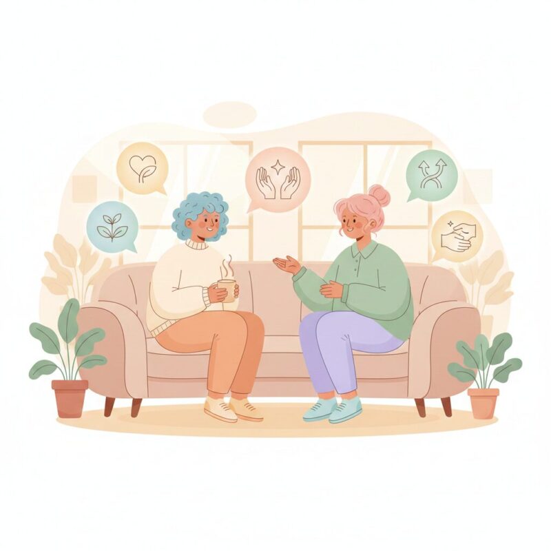 alt: 会話がラクになるコミュニケーション術を象徴した、柔らかい雰囲気の二人の対話イラスト