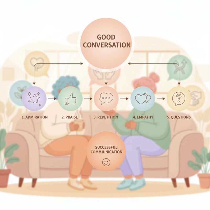 会話を広げる五つのステップを示したインフォグラフィック風イラスト
