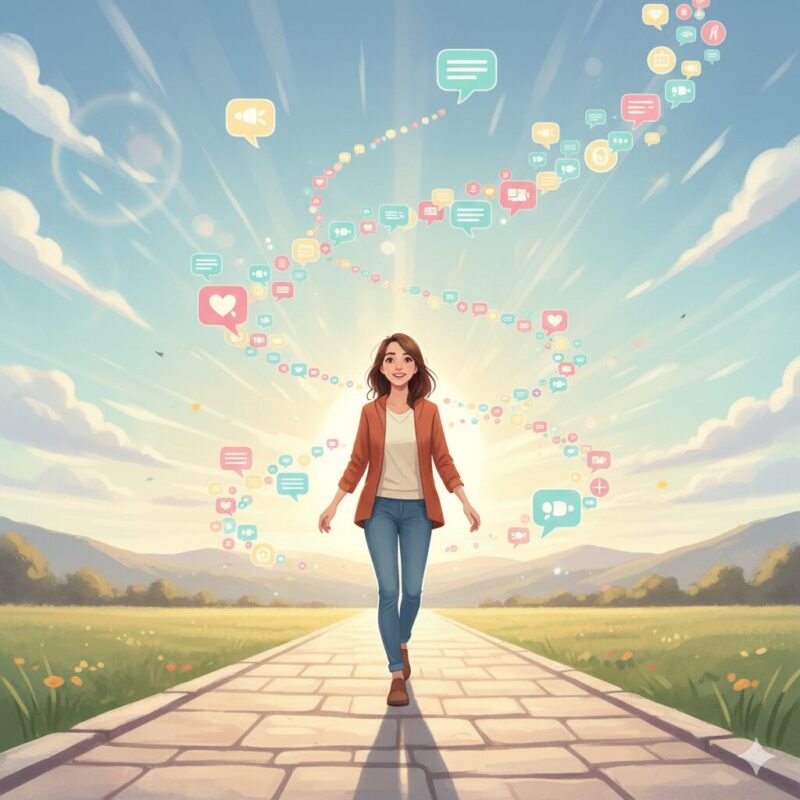 会話力の向上で前向きに進む人物を表現した温かいイラスト