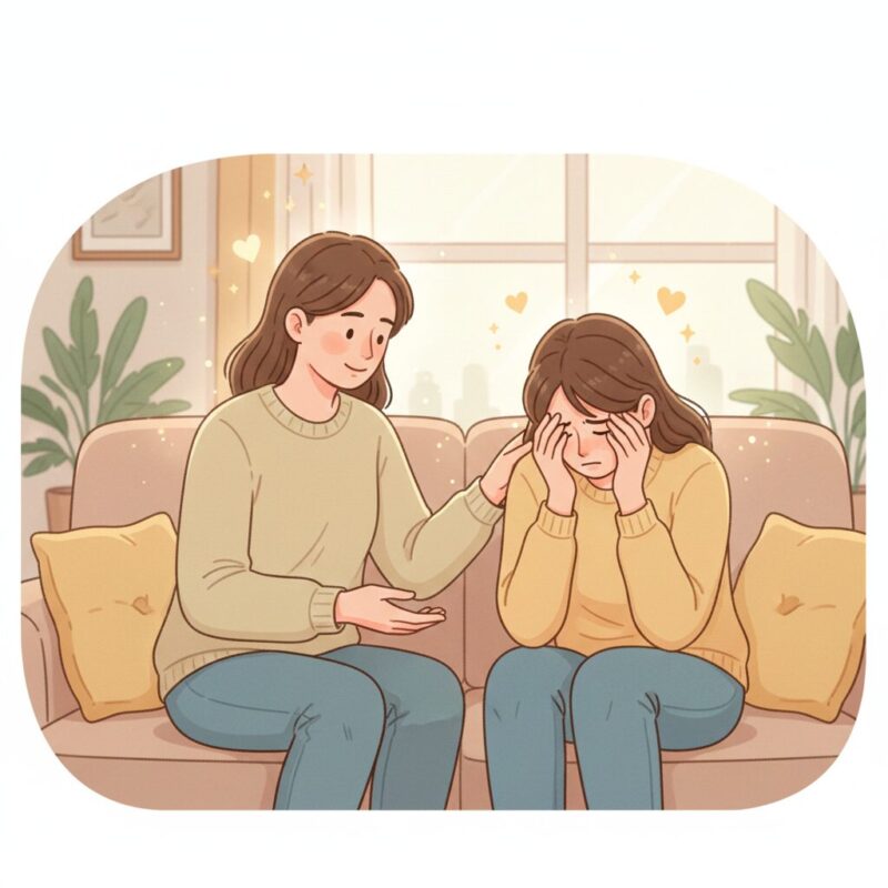 共感を示しながら寄り添う二人の会話イラスト
