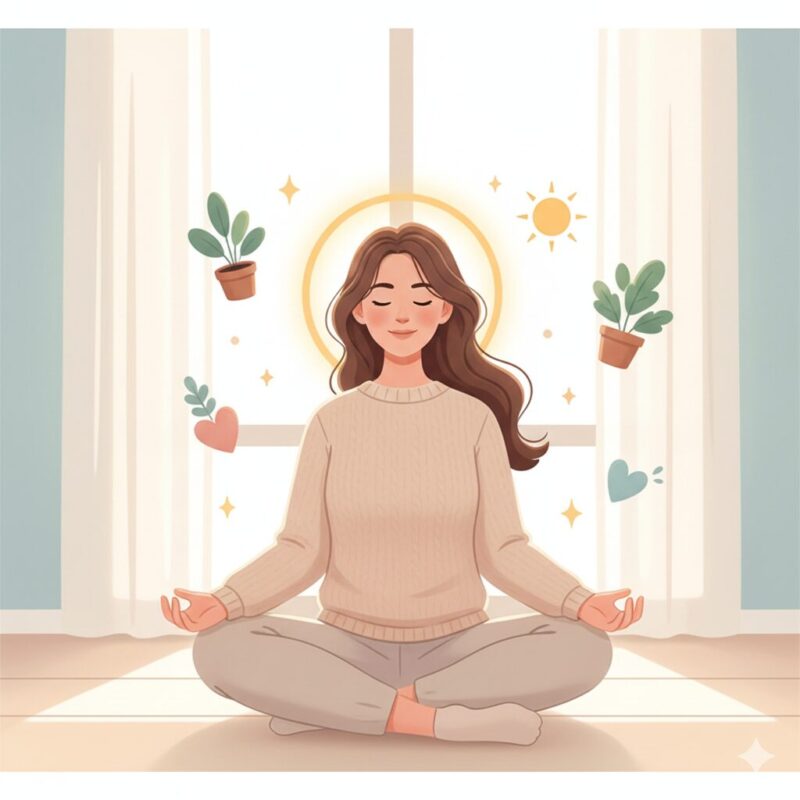 心地よい環境で穏やかに過ごす人物を描いたイラスト