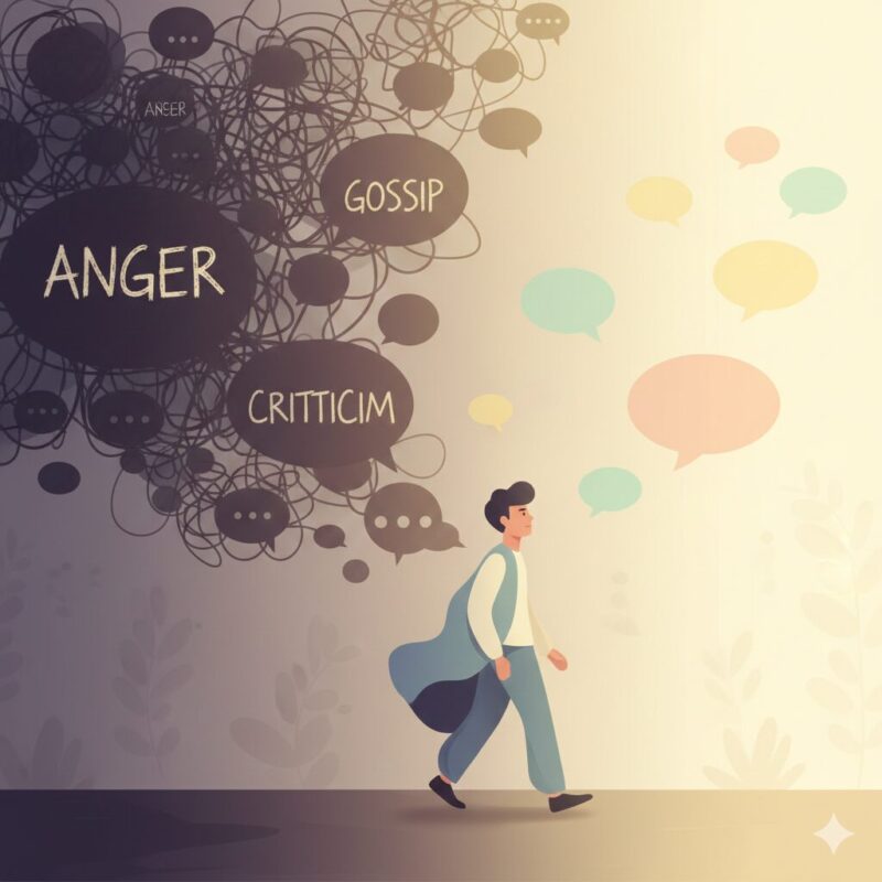 悪口やネガティブな言葉から距離を取る人物の象徴的イラスト
