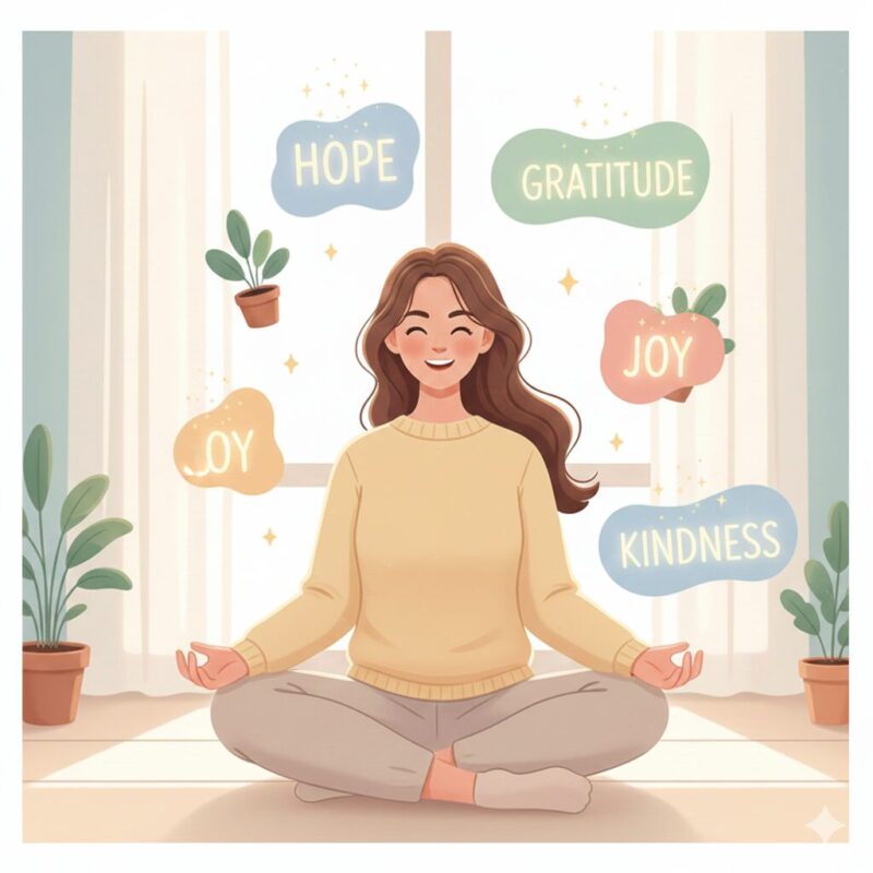 明るく前向きな言葉に囲まれた人物のイラスト