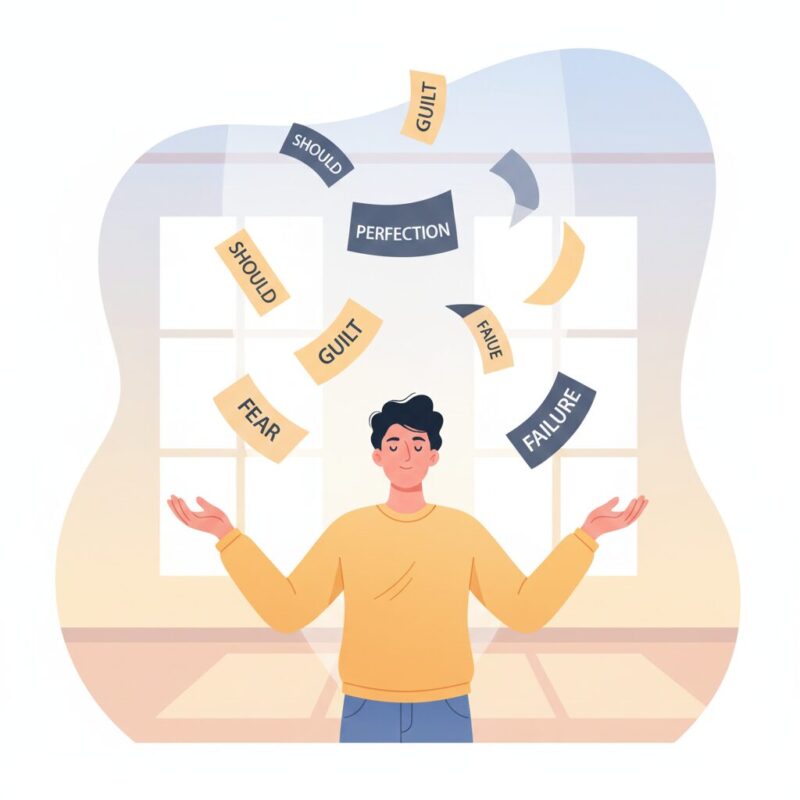 話し方への思い込みや完璧主義を手放す人物のイラスト