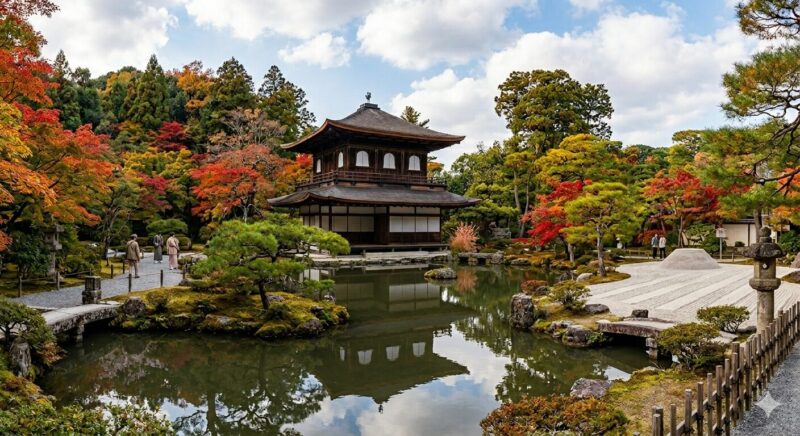 The Silver Pavilion (Ginkaku-ji) reflected in its surrounding pond, amidst a garden with autumn foliage and a sand garden.