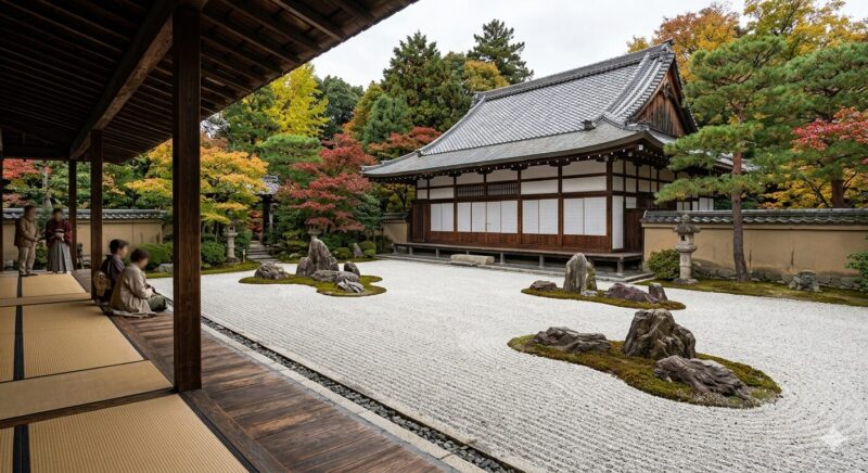 Alternative text: A wide photograph of a Japanese Zen garden at Ryoan-ji Temple, featuring raked white gravel with stone groupings. From an interior veranda, four blurred visitors observe the garden. To the right is the hojo building with shoji screens. The garden is enclosed by a weathered wall and a lush forest with vibrant autumn maple colors under an overcast sky.