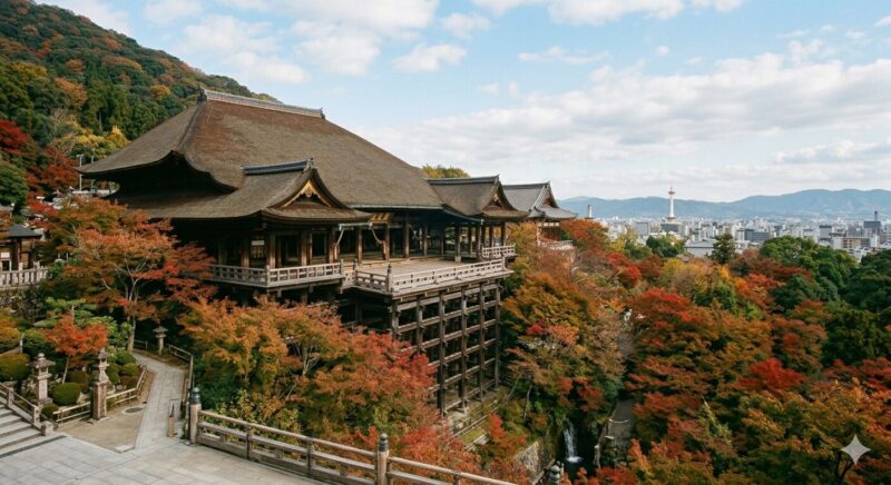 A panoramic view of the main hall and stage of Kiyomizu-dera Temple in Kyoto, enveloped in autumn colors, overlooking the Kyoto cityscape.