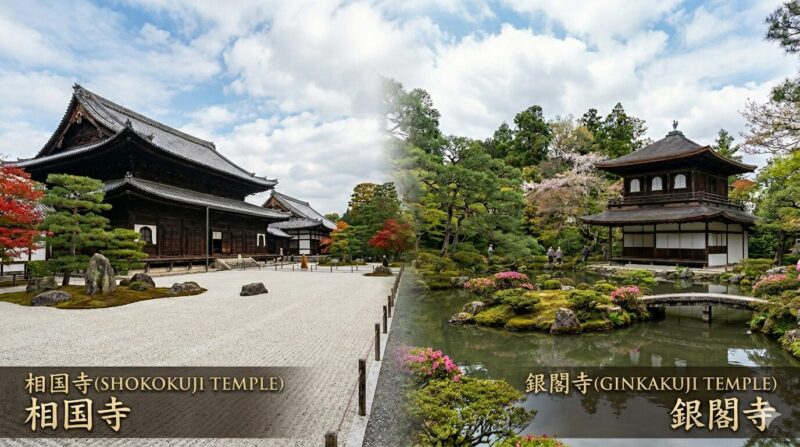 A side-by-side view of two Japanese temple gardens, with a dry gravel garden and large wooden building on the left, and a pond garden with a two-story pavilion on the right.