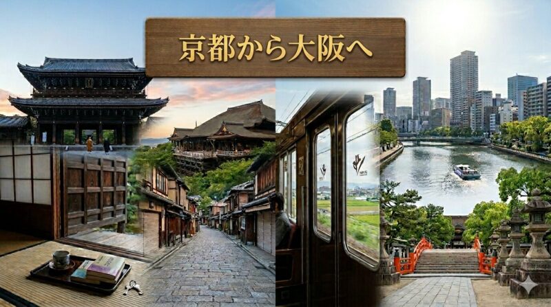 A four-panel photomontage titled '京都から大阪へ' (From Kyoto to Osaka), featuring scenes of a traditional Kyoto temple (Chion-in), a historic street and temple stage (Kiyomizu-dera), the interior of a train (Hankyu), and the Osaka riverfront and Sumiyoshi Shrine bridge.